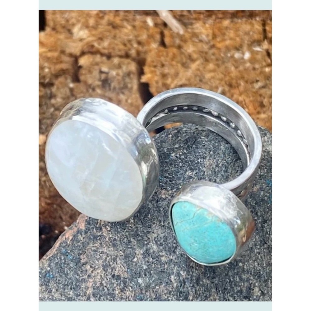 Moonstone and Turquoise Sterling Silver Chunky Dual Adjustable Ring - Picture 5 of 6